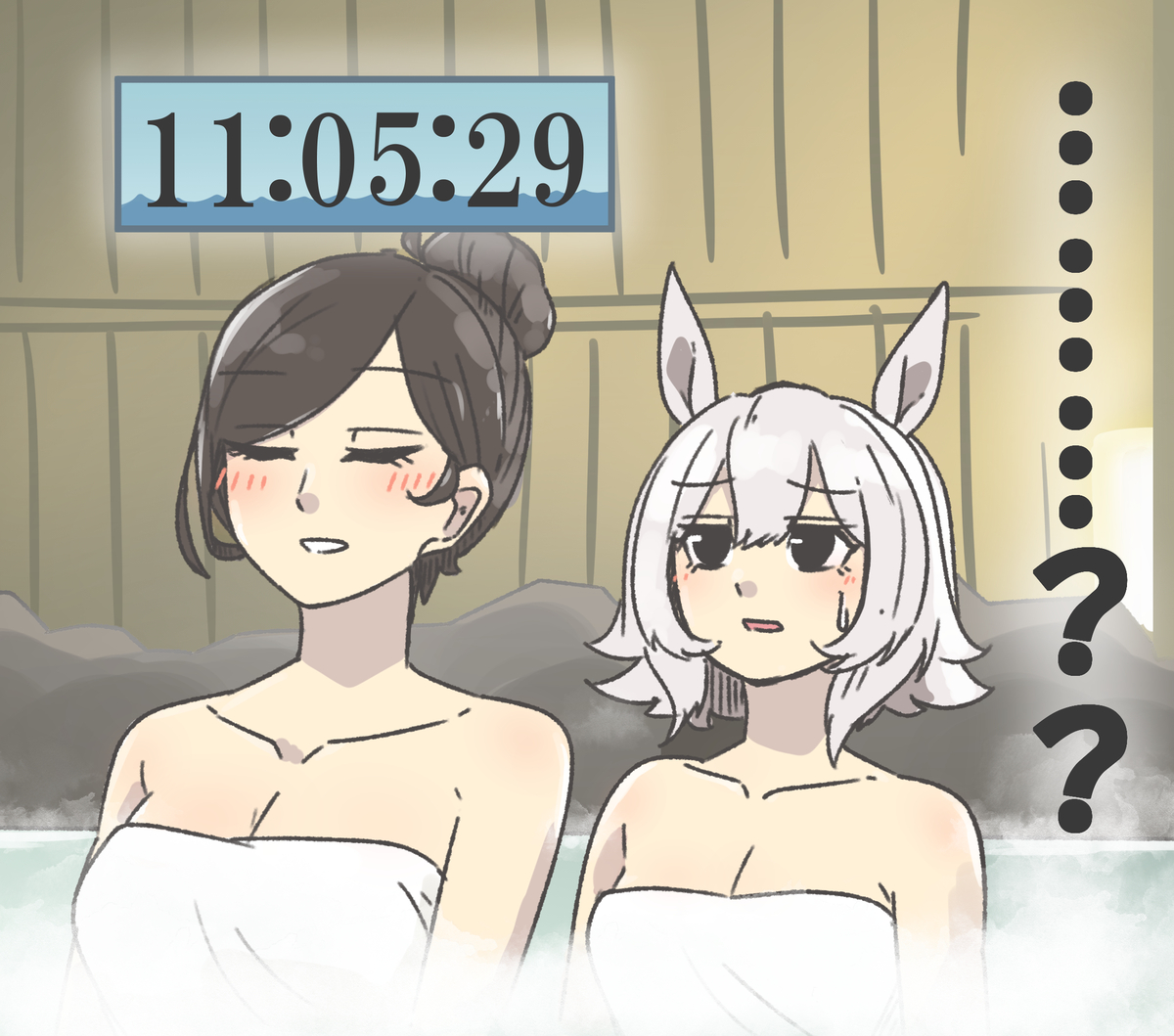 This is a pixiv picture whose title is 温泉に来たお姉ちゃんとカレンチャン.