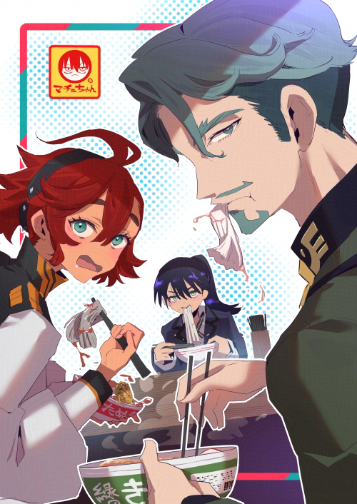 This is a pixiv picture whose title is 赤いタヌキと緑のキツネと中華そばを食う女.