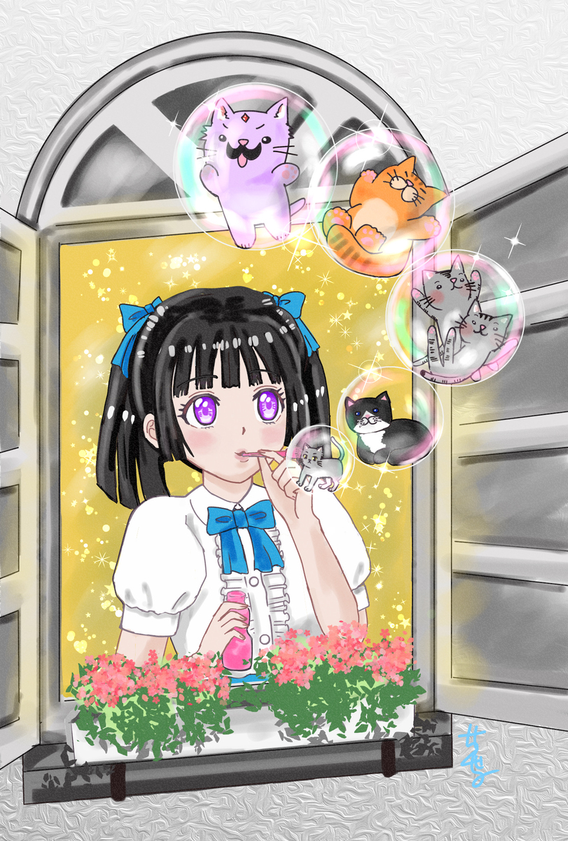 This is a pixiv picture whose title is 🫧猫にシャボン玉🫧.