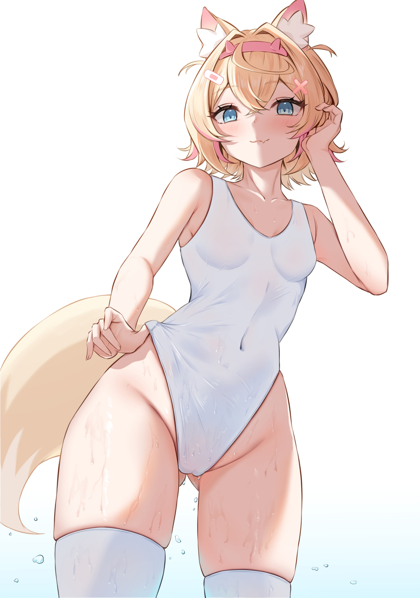 This is a pixiv picture whose title is 白スク水 + 白ニーハイ.