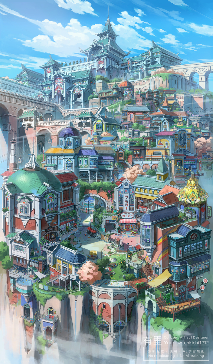 This is a pixiv picture whose title is 【デザイン】レトロな街の昼と夜の風景.