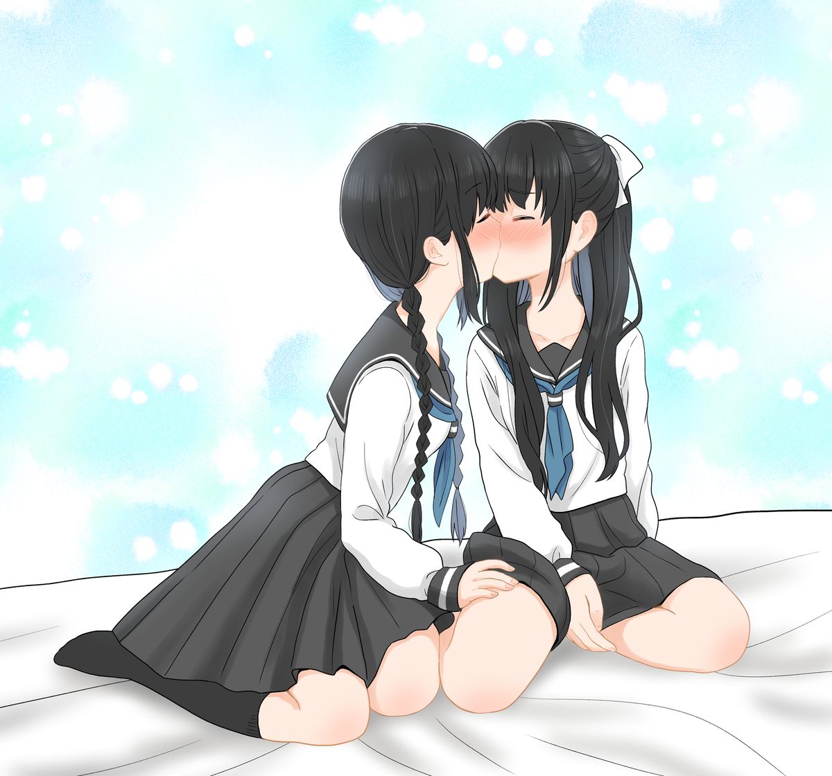 This is a pixiv picture whose title is 初めての百合キス💕.