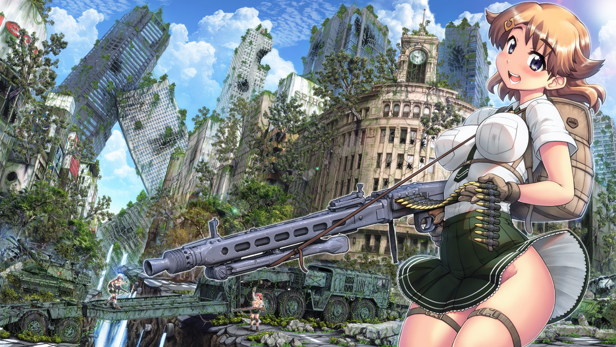 This is a pixiv picture whose title is 女子高生とMG42.