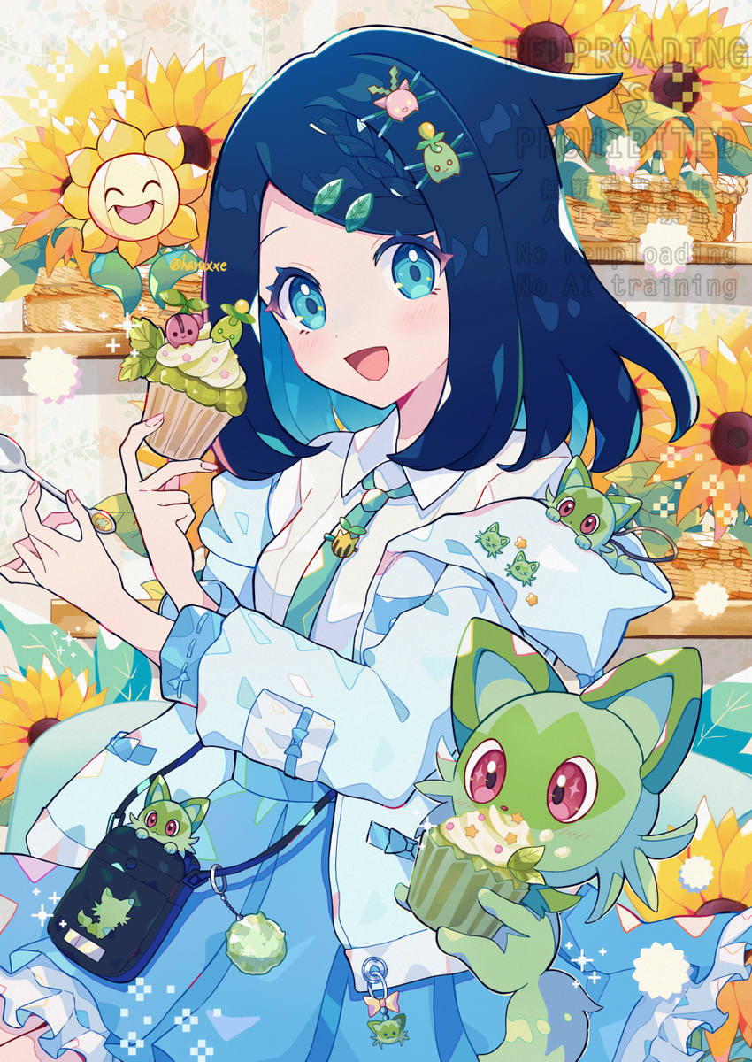 This is a pixiv picture whose title is 【アニポケ】スイーツを食べるリコとニャオハ 🌿.