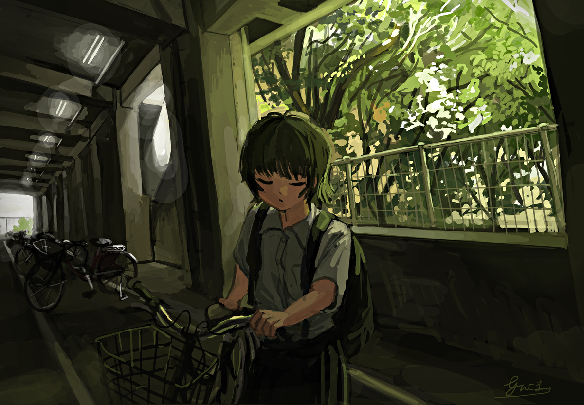 This is a pixiv picture whose title is 朝、緑の駐輪場.