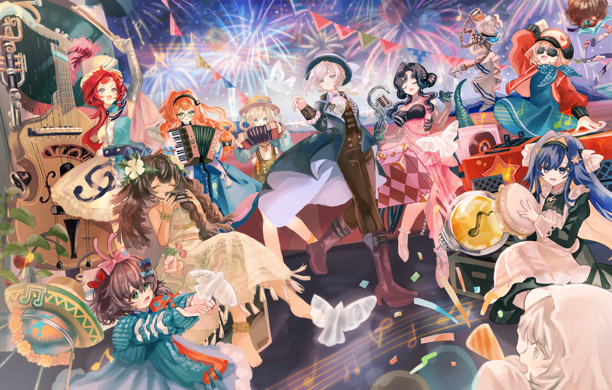 This is a pixiv picture whose title is 1.5周年おめでとう～～～！！！！！✨🎶🪗🎻🎤🎼🎶✨.