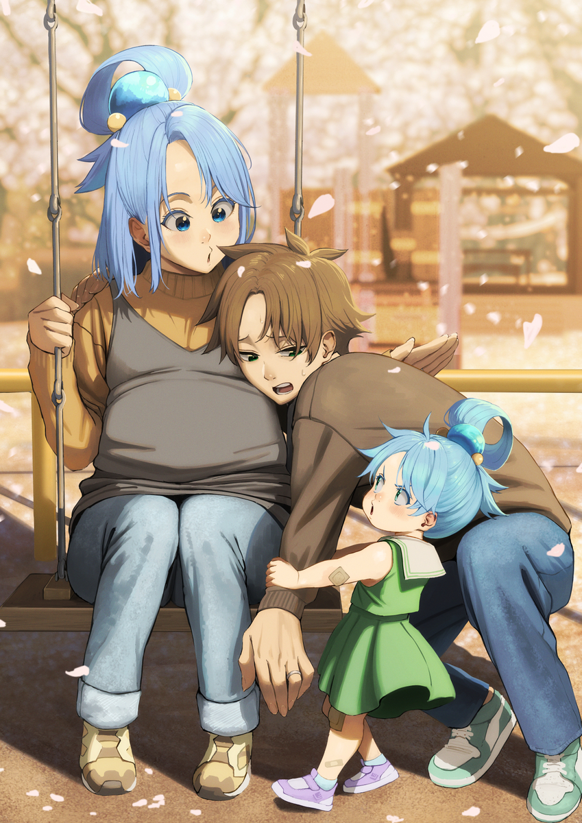 This is a pixiv picture whose title is 『ほら、カズマさん。休みの日くらい娘の相手してあげなさいな。』.