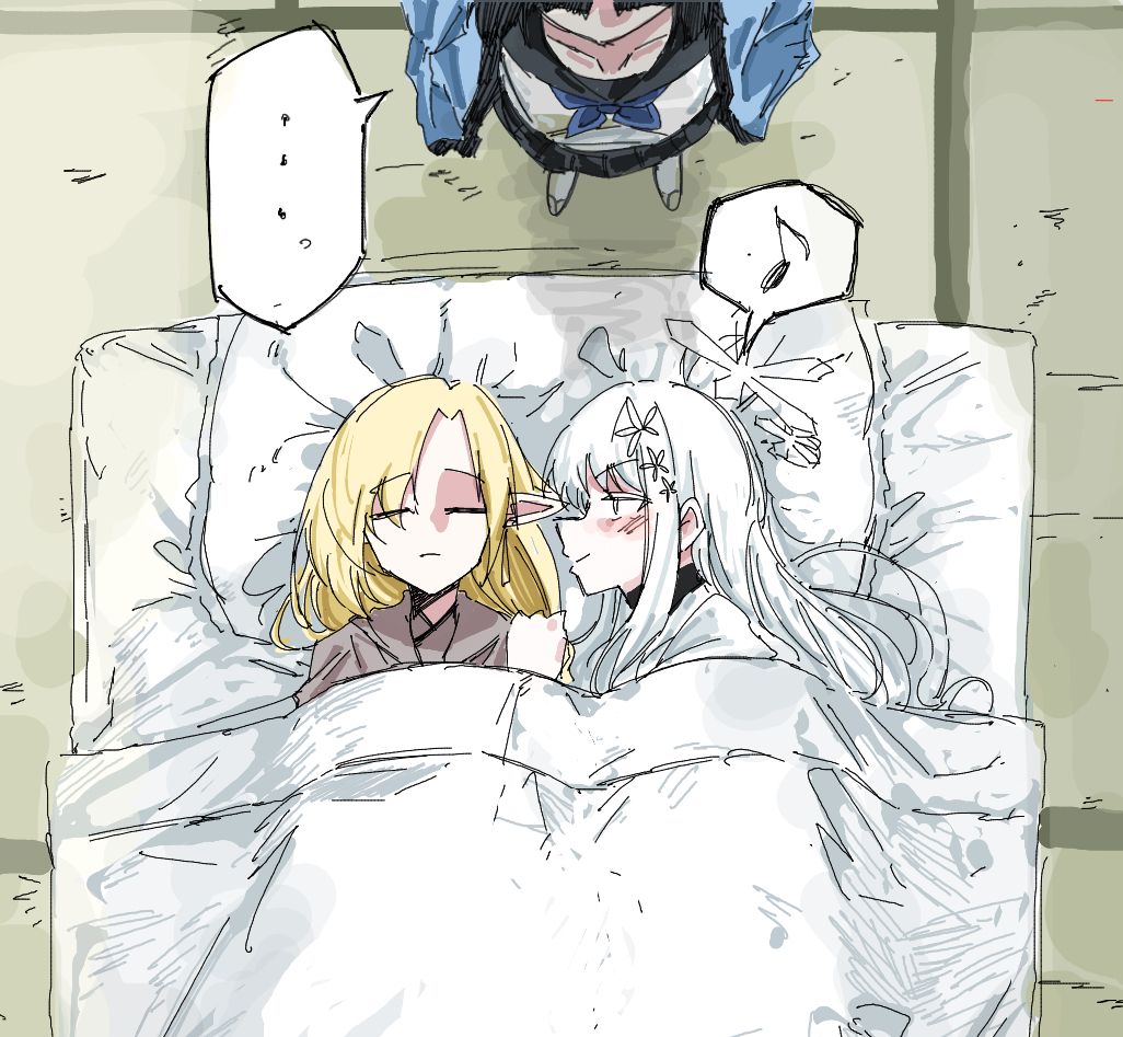 This is a pixiv picture whose title is 昏睡してるアヤメの隣で添い寝してそうなナグサ.