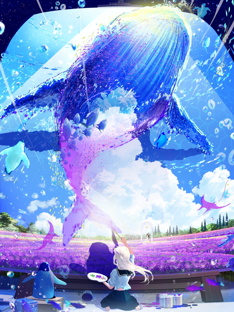 This is a pixiv picture whose title is 空を絵描く『紫を泳ぐ鯨』.