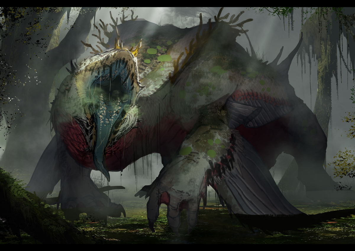This is a pixiv picture whose title is 沼地の異龍※途中経過.