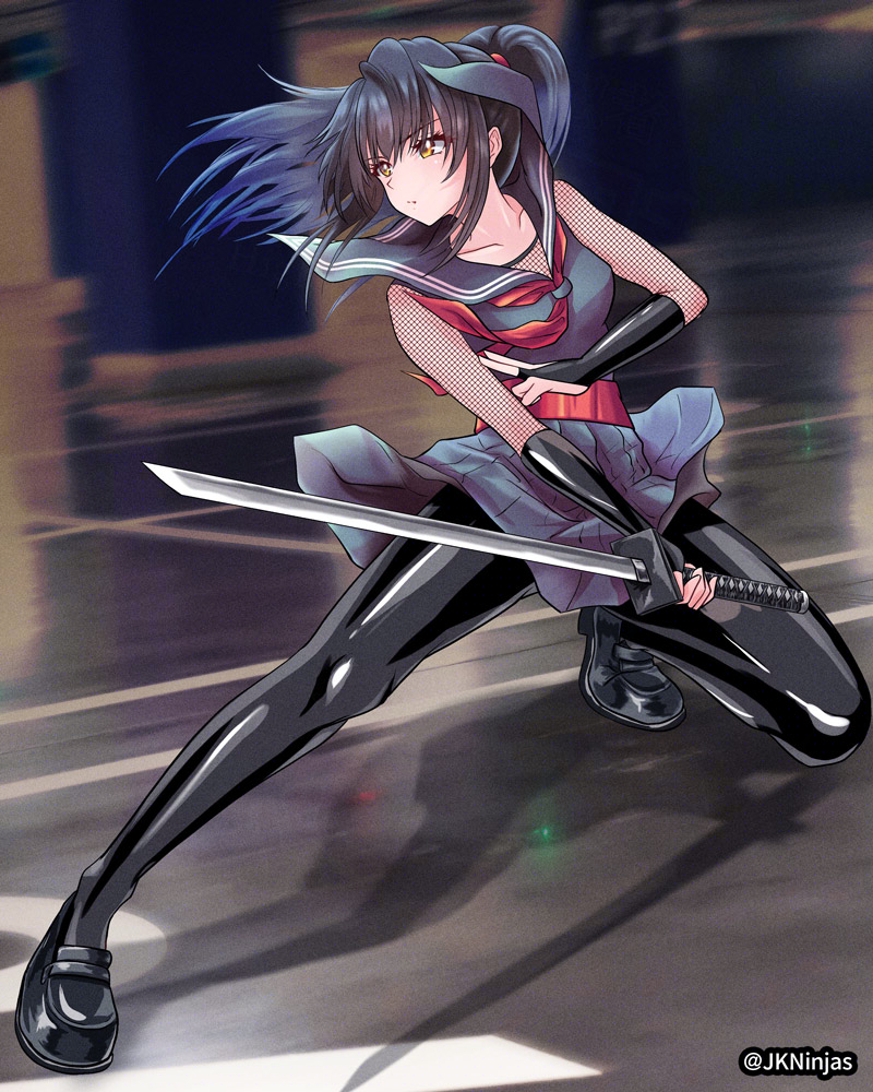 This is a pixiv picture whose title is 【JK忍者】地下駐車場任務【鴉-karasu-】.
