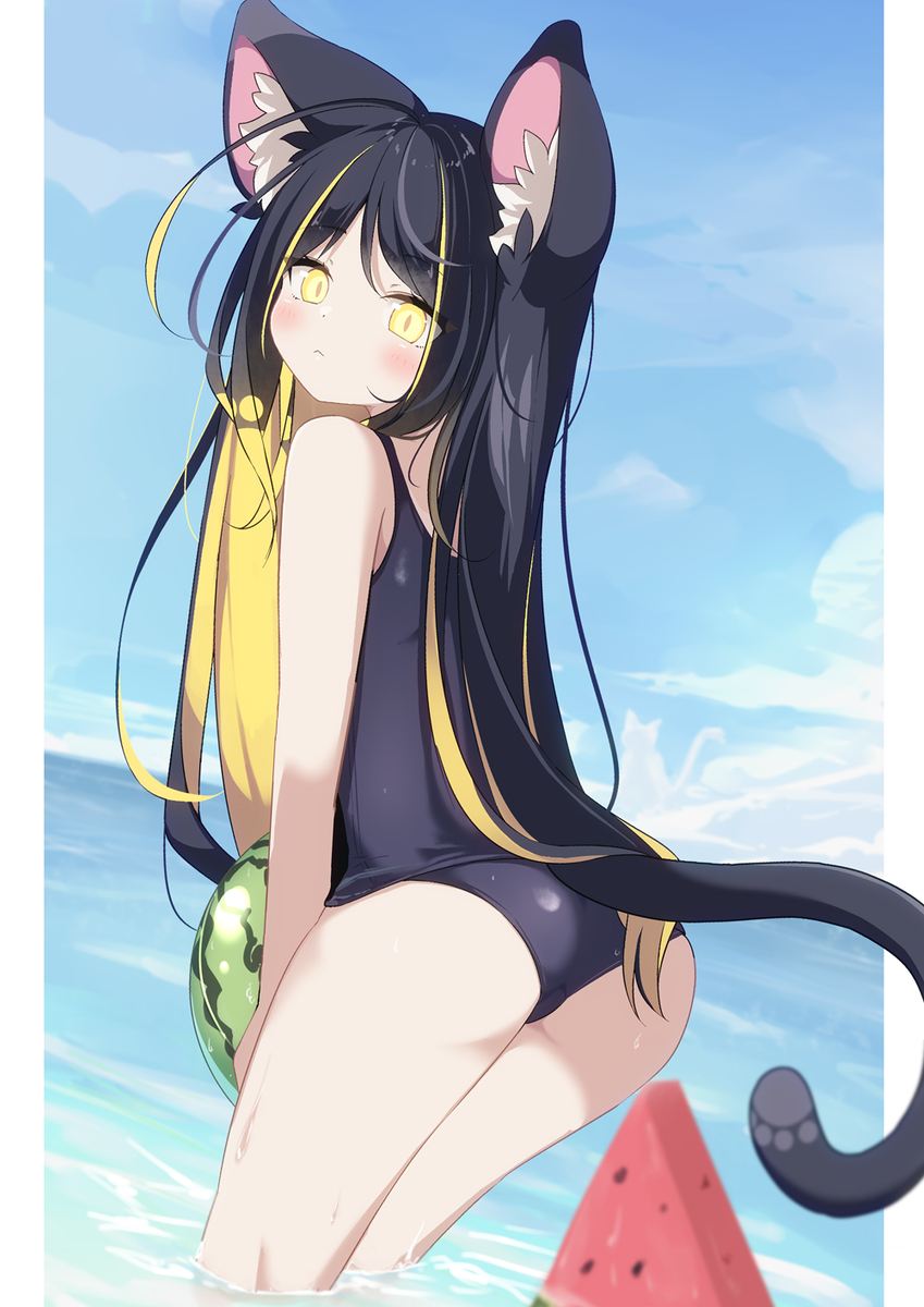 This is a pixiv picture whose title is 🍉🐈.