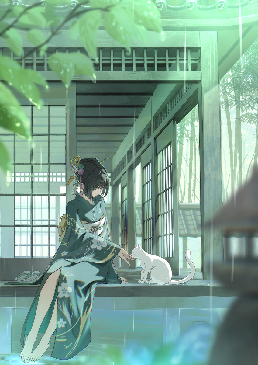 This is a pixiv picture whose title is 梅雨の来客.