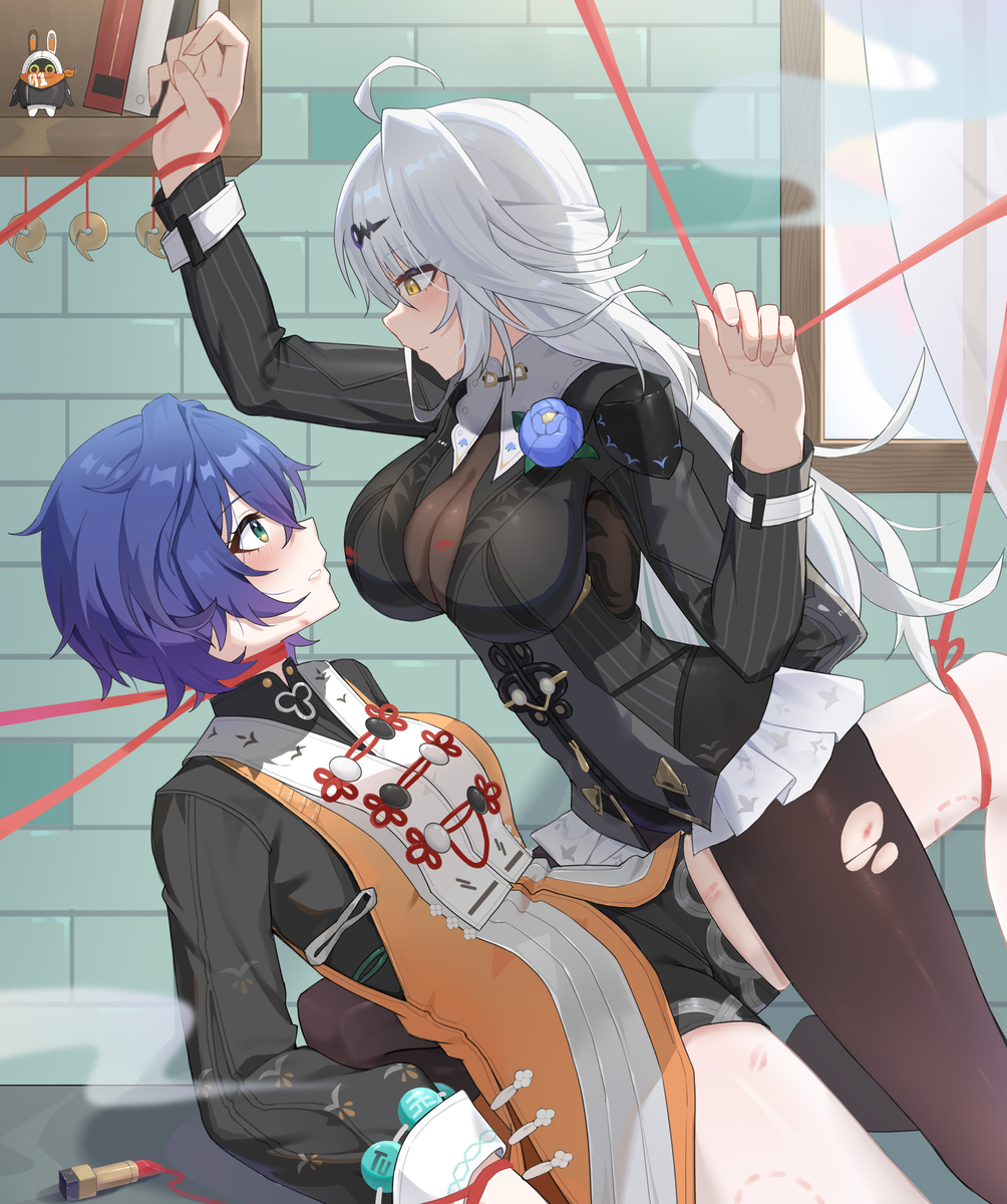 This is a pixiv picture whose title is 黑丝仪玄师傅和白丝铃.