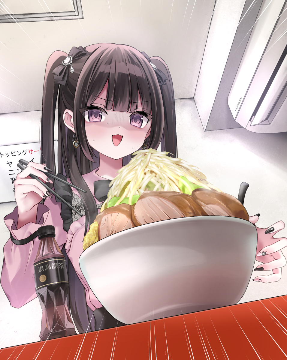 This is a pixiv picture whose title is 二郎系ラーメン vs 地雷系女子.