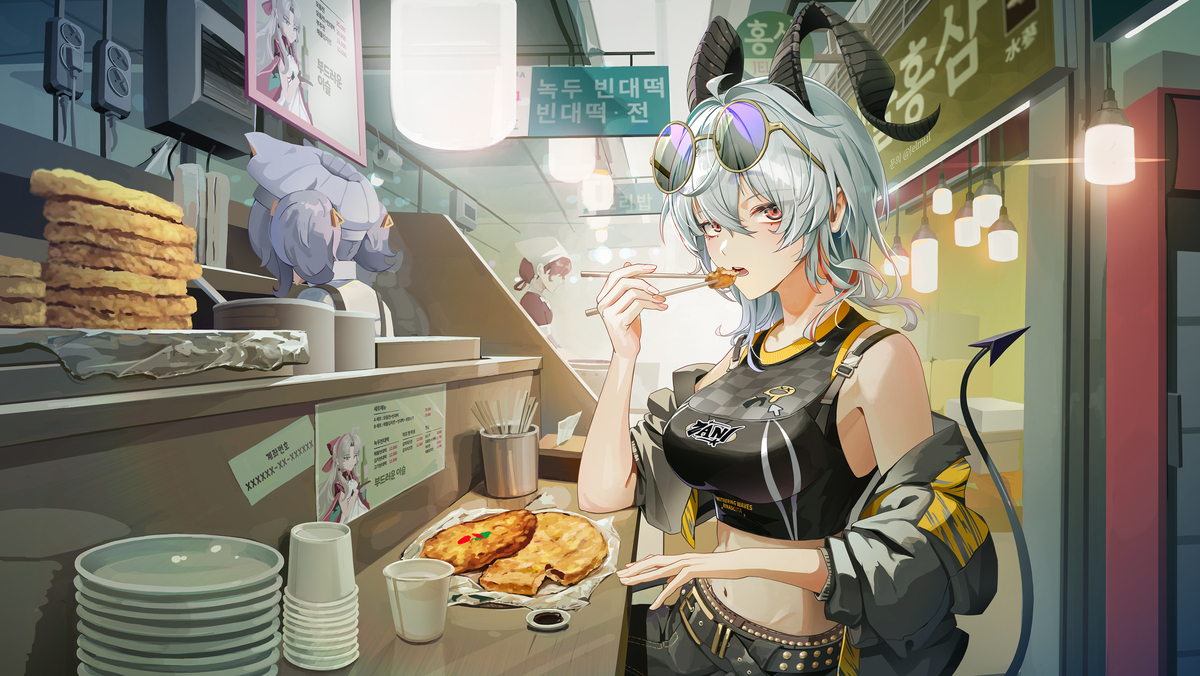 This is a pixiv picture whose title is After work, in Gwangjang Market.
