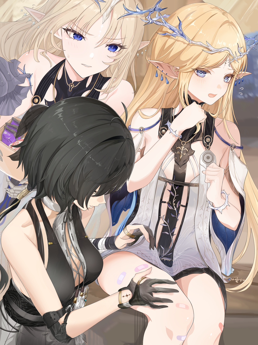 This is a pixiv picture whose title is カルテジアさんに絆創膏を貼る漂泊者ちゃん.