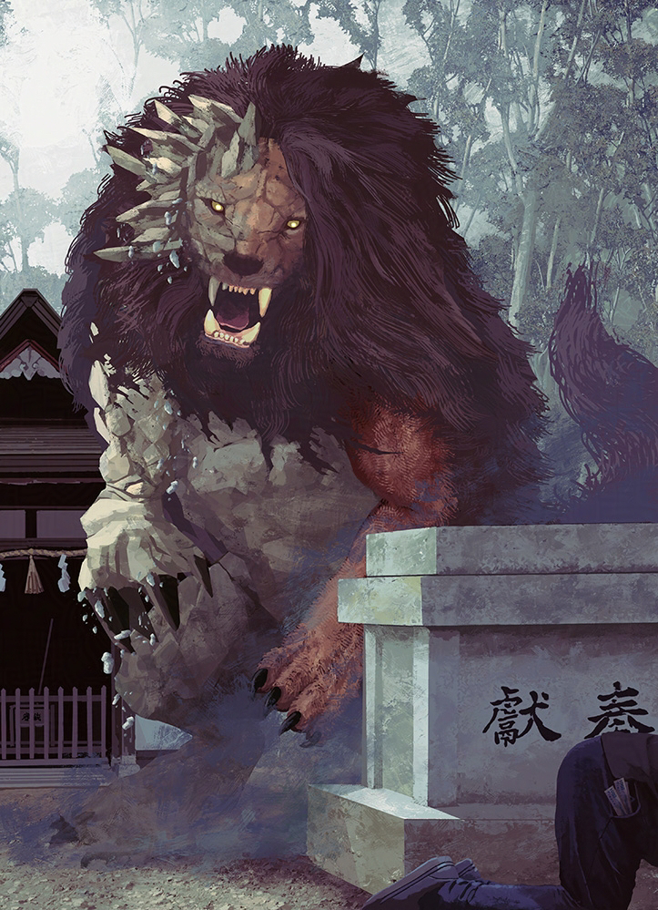 This is a pixiv picture whose title is 獅子と狛犬.