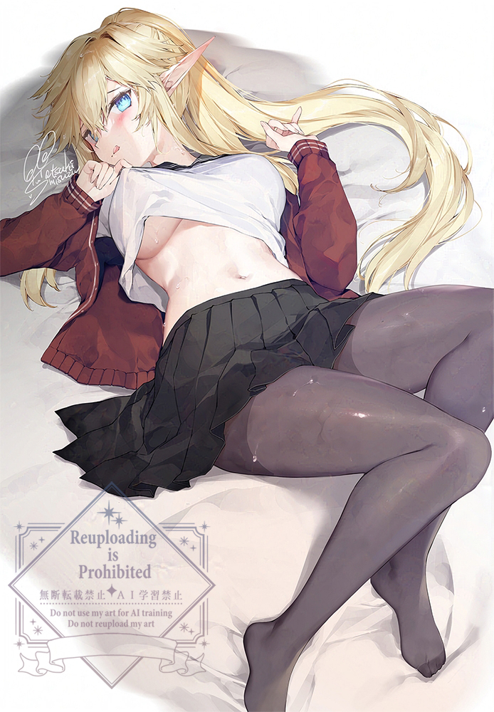 This is a pixiv picture whose title is 濡れた制服とポニーテール.
