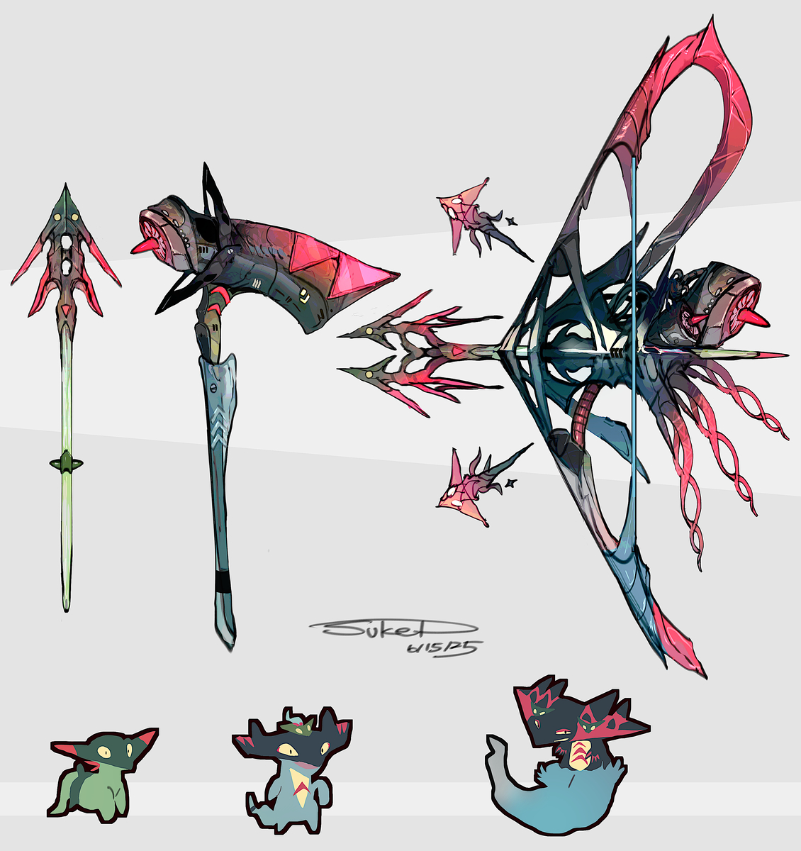 This is a pixiv picture whose title is ドラメシヤ・ドロンチ・ドラパルトモチーフの武器（ポケモン）.