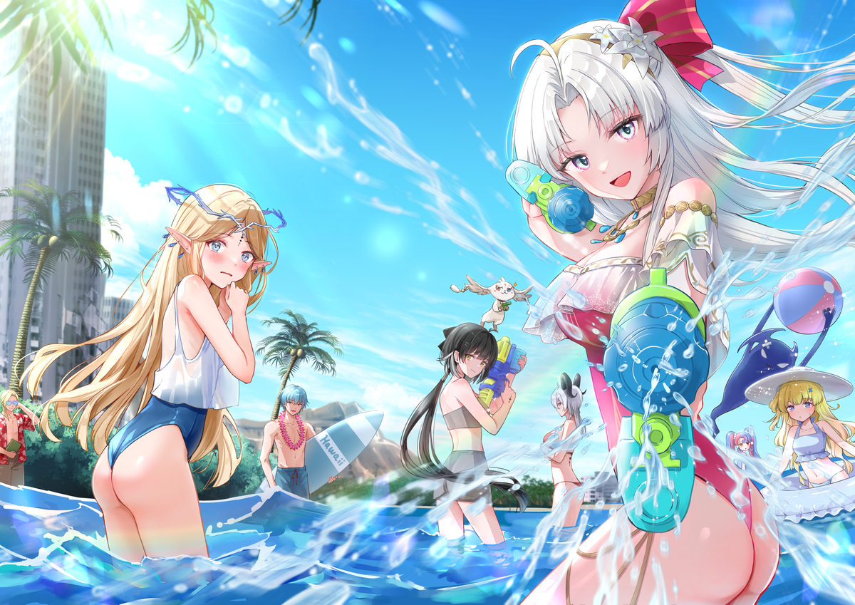 This is a pixiv picture whose title is 鳴潮御一行様 inハワイ.