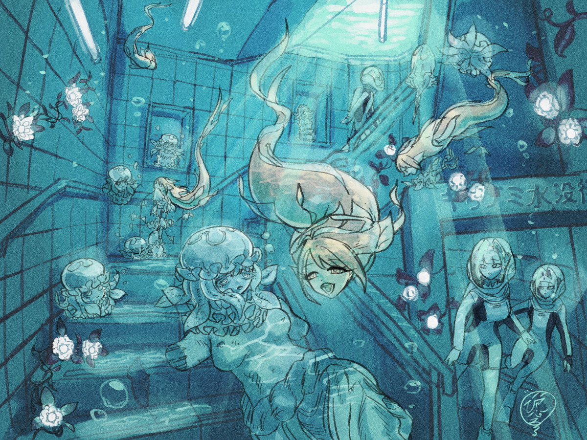 This is a pixiv picture whose title is キリナミ水没街洞窟.