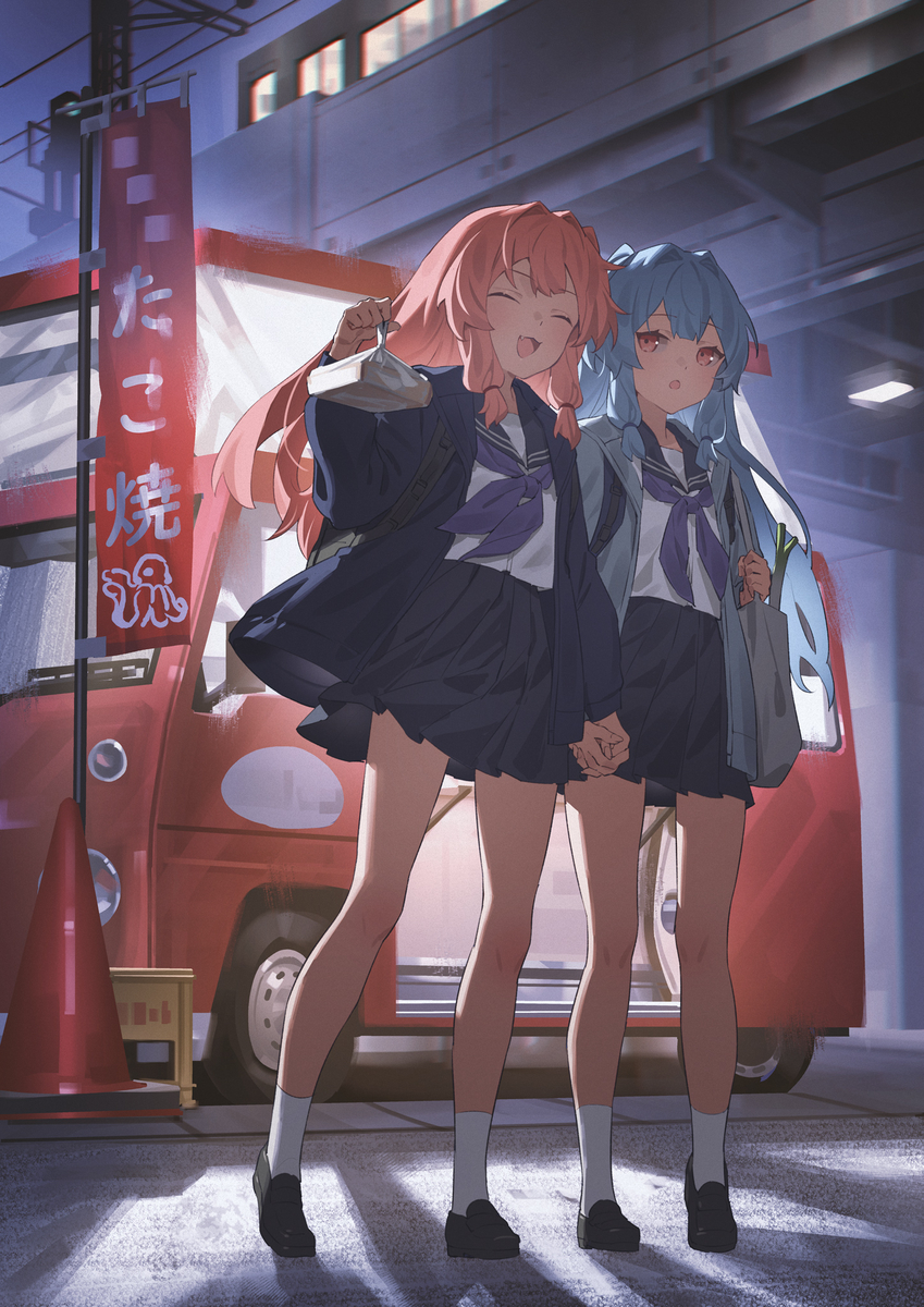This is a pixiv picture whose title is たこやきを買う姉妹ちゃん.