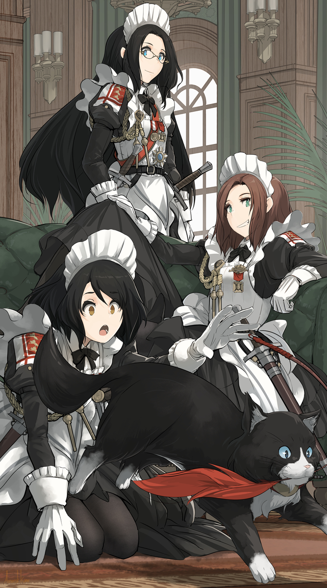 This is a pixiv picture whose title is メイド剣士の三人と一匹.