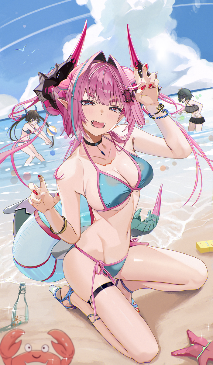 This is a pixiv picture whose title is 沙滩、泳装、与恶龙咆哮！.