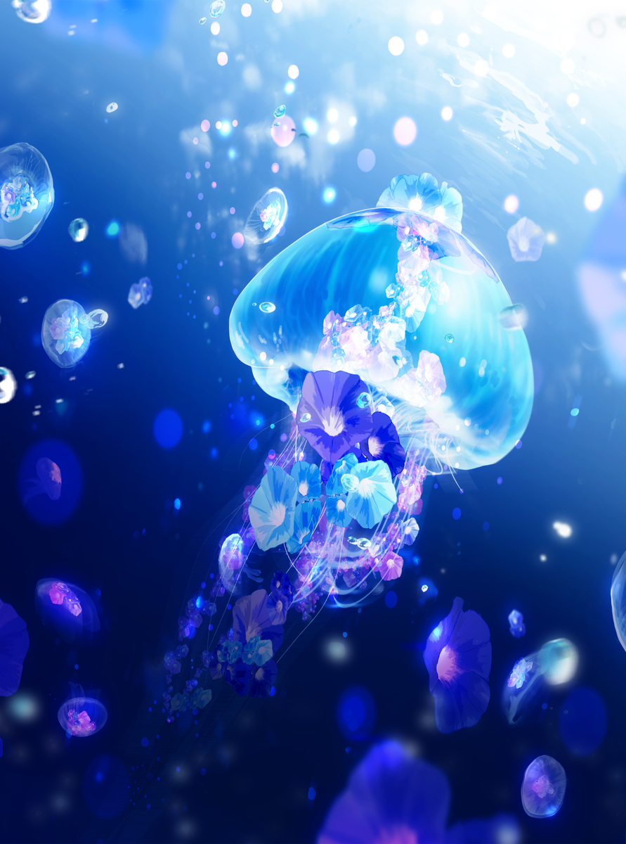 This is a pixiv picture whose title is 朝光に揺れる朝海月.