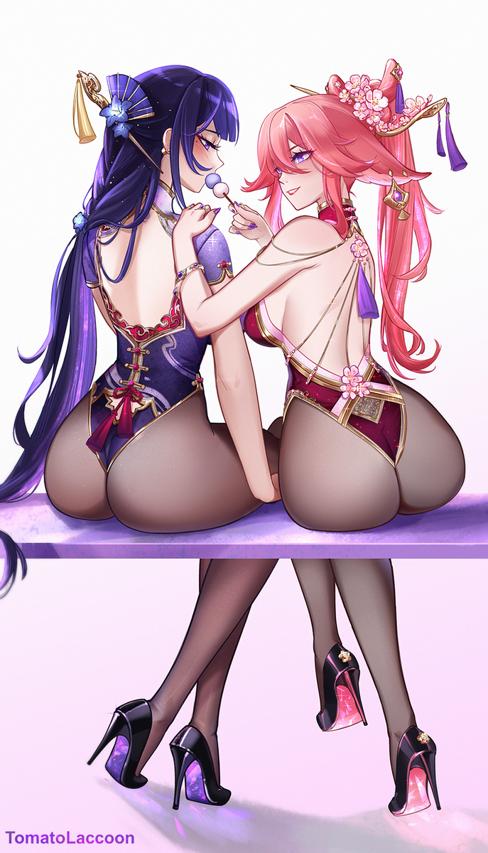 This is a pixiv picture whose title is Raiden Ei and Yae Miko.