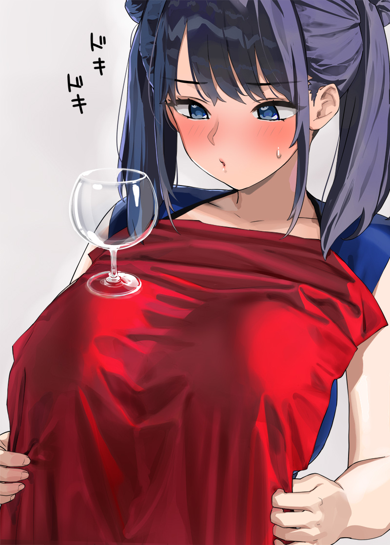 This is a pixiv picture whose title is おっぱいの上でテーブルクロス引きをするお姉さん（２枚）.