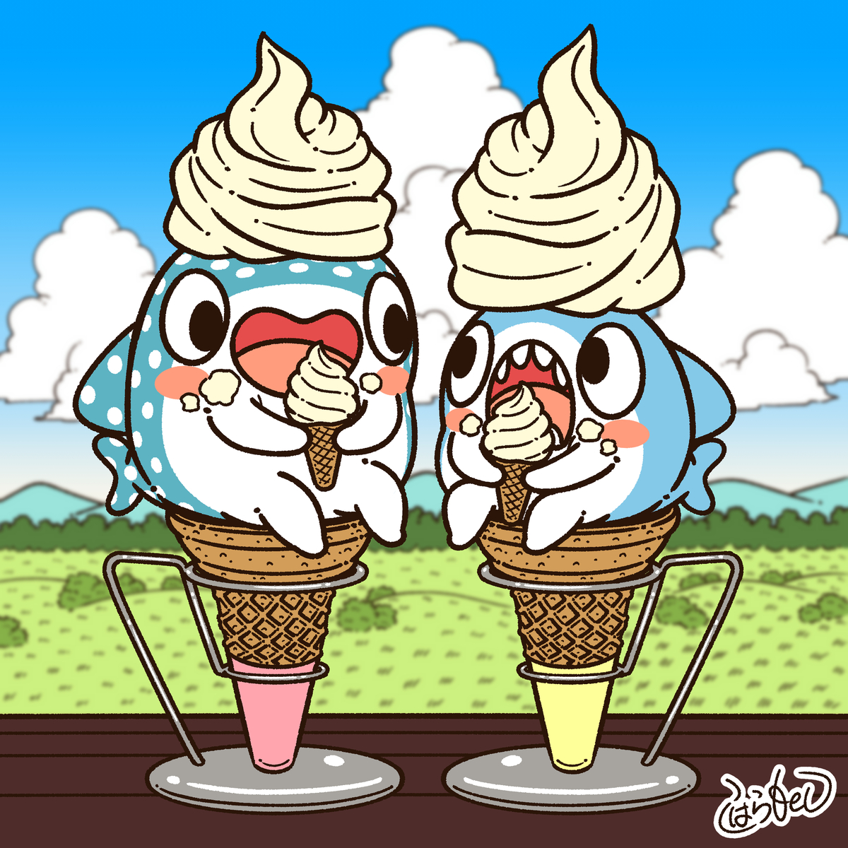 This is a pixiv picture whose title is 高原で仲良くソフトクリームを食べる ちいさめ と じんべえ.