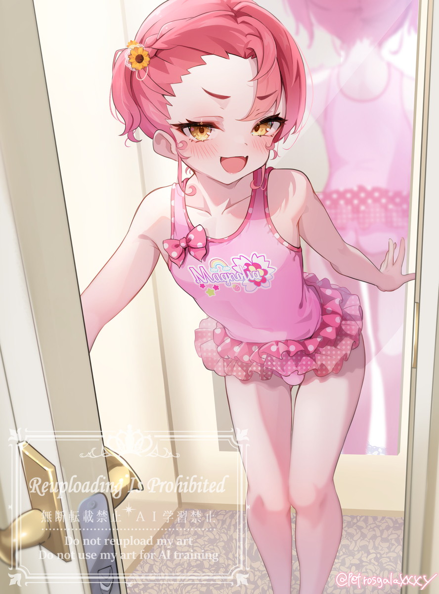This is a pixiv picture whose title is メスガキ男の娘水着試着.