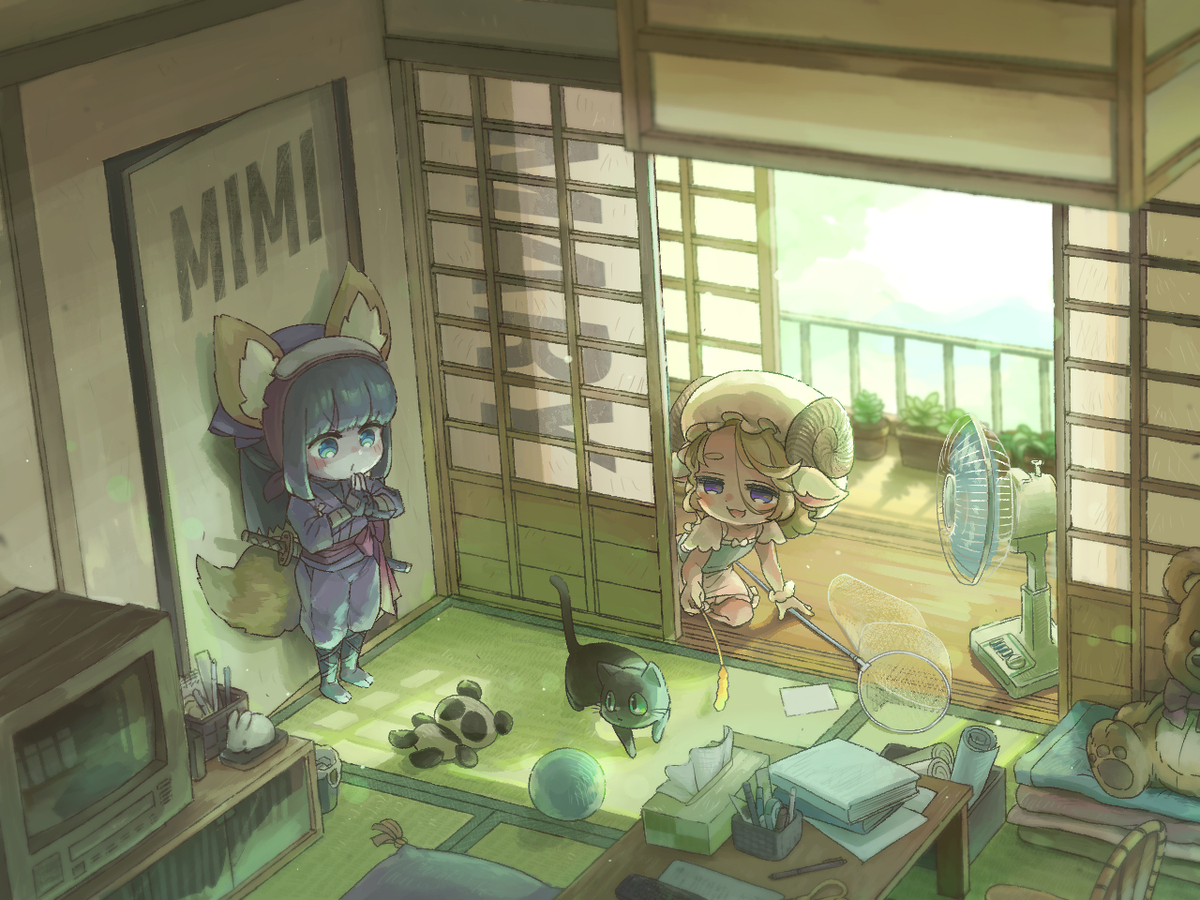 This is a pixiv picture whose title is のんびりイラスト「壁にミミあり、障子にメアリー」.