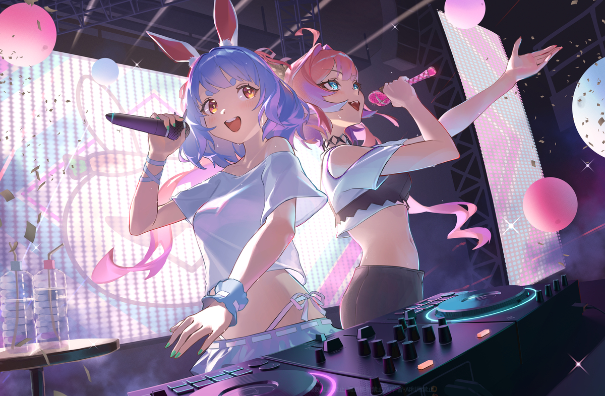 This is a pixiv picture whose title is 兎田ぺこら×綺々羅々ヴィヴィ.