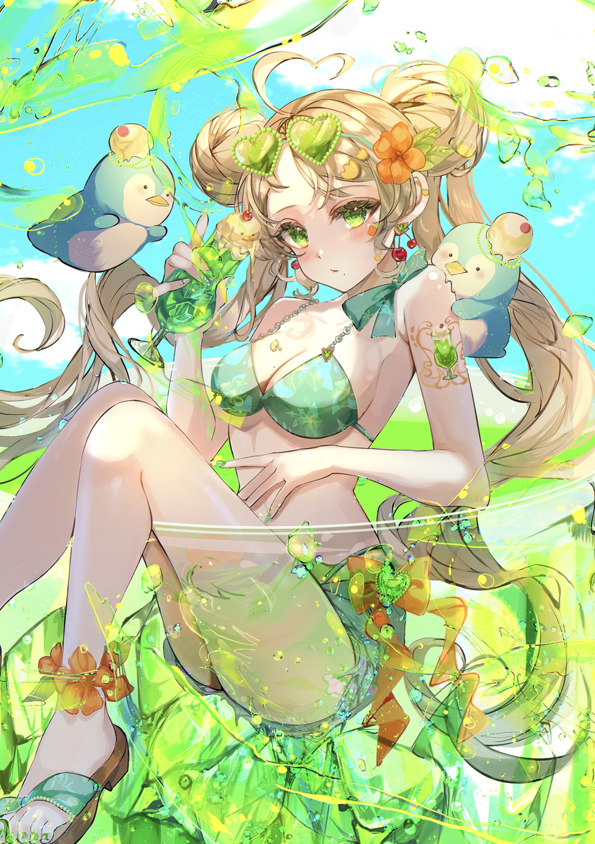 This is a pixiv picture whose title is 🍒🍈真夏のメロンソーダ×ペンギン🐧🩵.