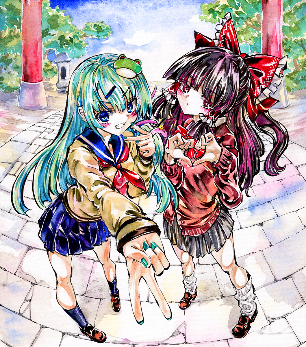 This is a pixiv picture whose title is JK 早苗&霊夢.