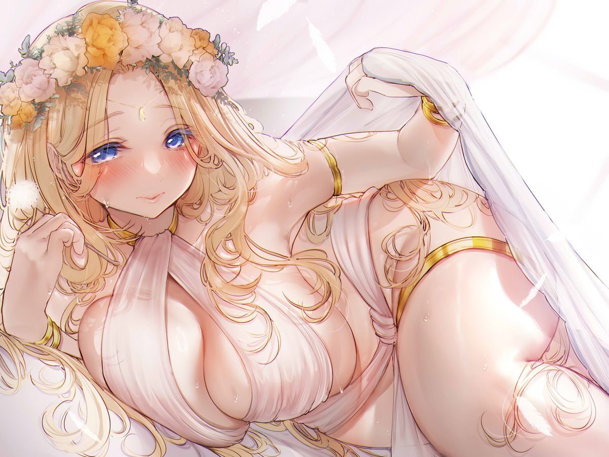 This is a pixiv picture whose title is 「森の泉の女神様のヒーリング耳かき」.