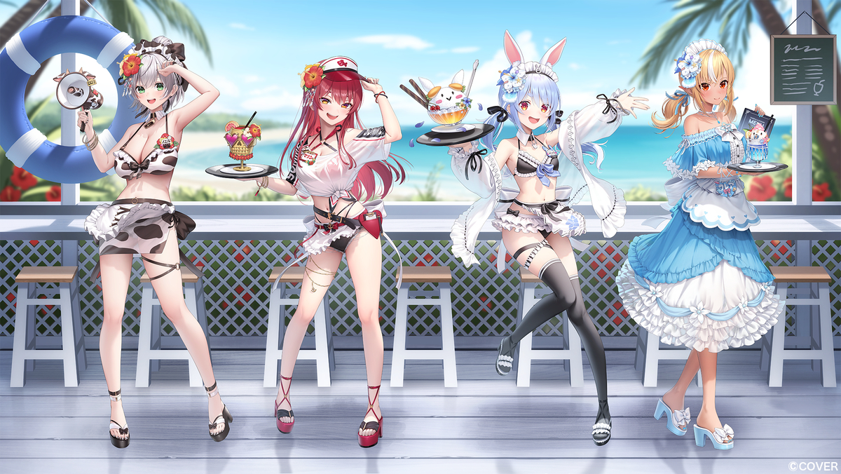 This is a pixiv picture whose title is ホロナツパラダイス「ホロライブ３期生」海の家ウェイトレス衣装.
