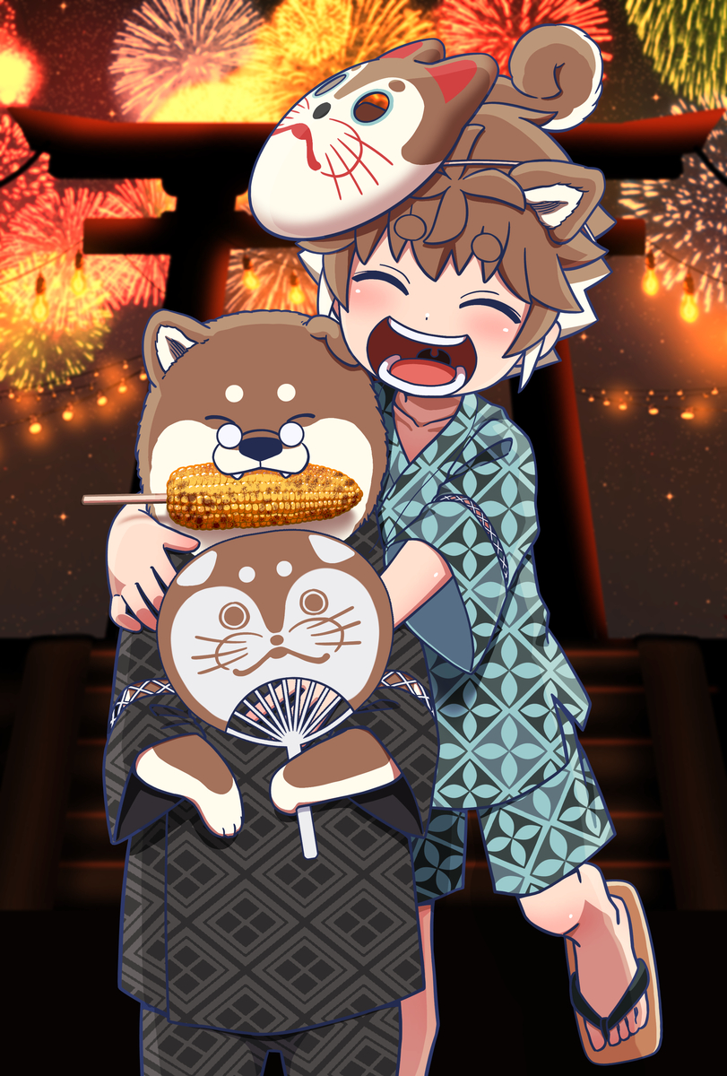 This is a pixiv picture whose title is 知能が高過ぎる柴犬とお祭り！.