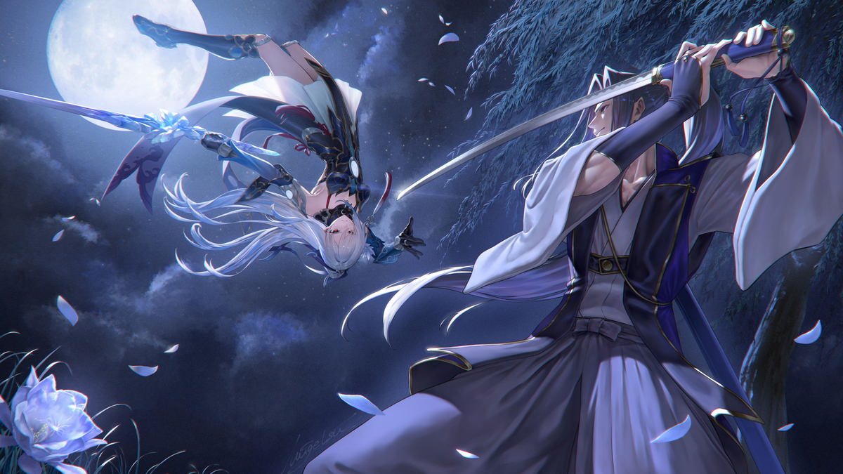 This is a pixiv picture whose title is 鏡流vs佐々木小次郎～スタレｘFateコラボ～.