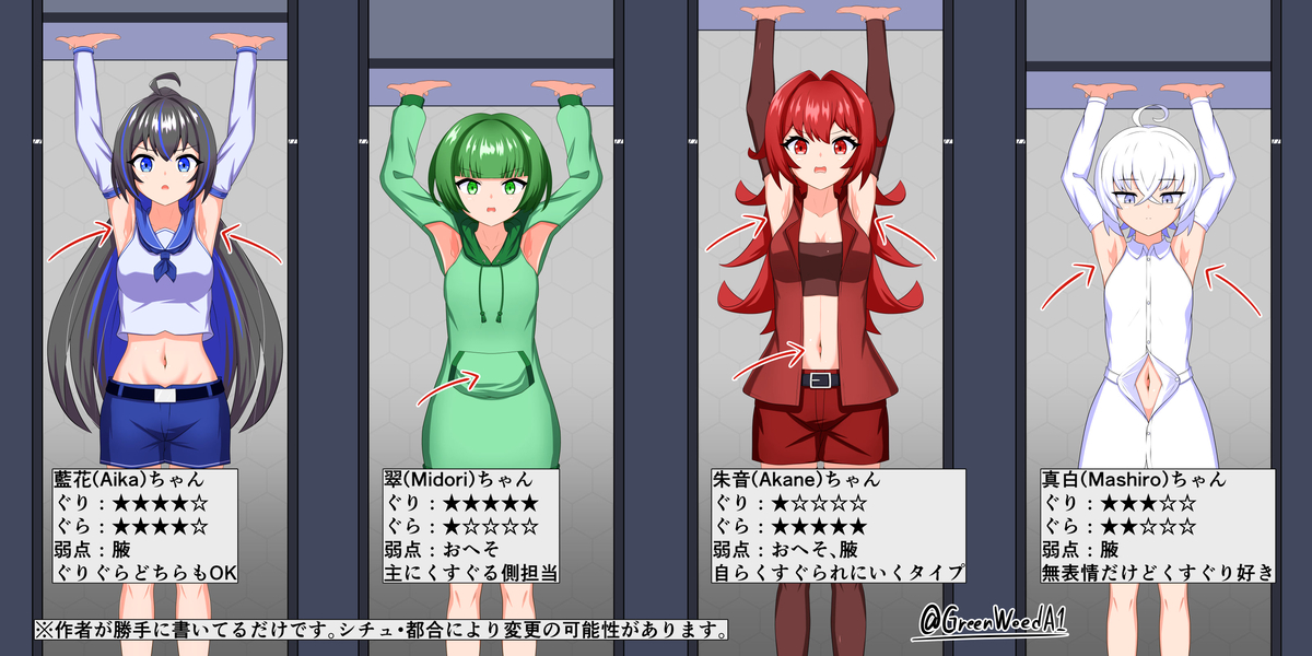 This is a pixiv picture whose title is うちの子たちで天井支えくすぐり我慢耐久するやつ.