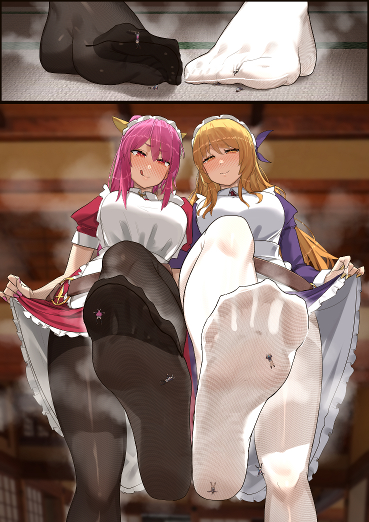 This is a pixiv picture whose title is Skeb　東方　綿月姉妹　小人玉兎たちを弄ぶ.