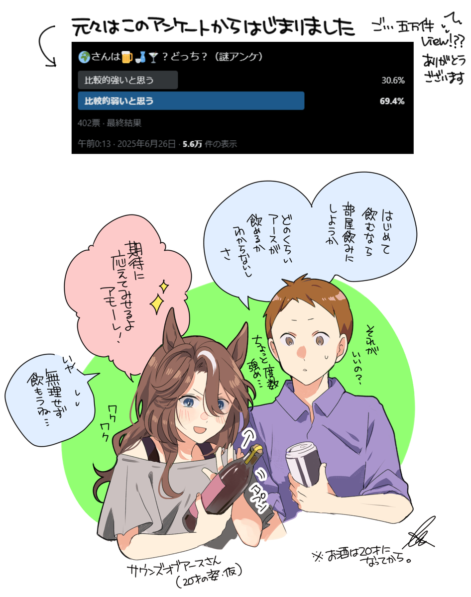 This is a pixiv picture whose title is （アンケート企画）アースさんとマラカストレのお酒勝負.