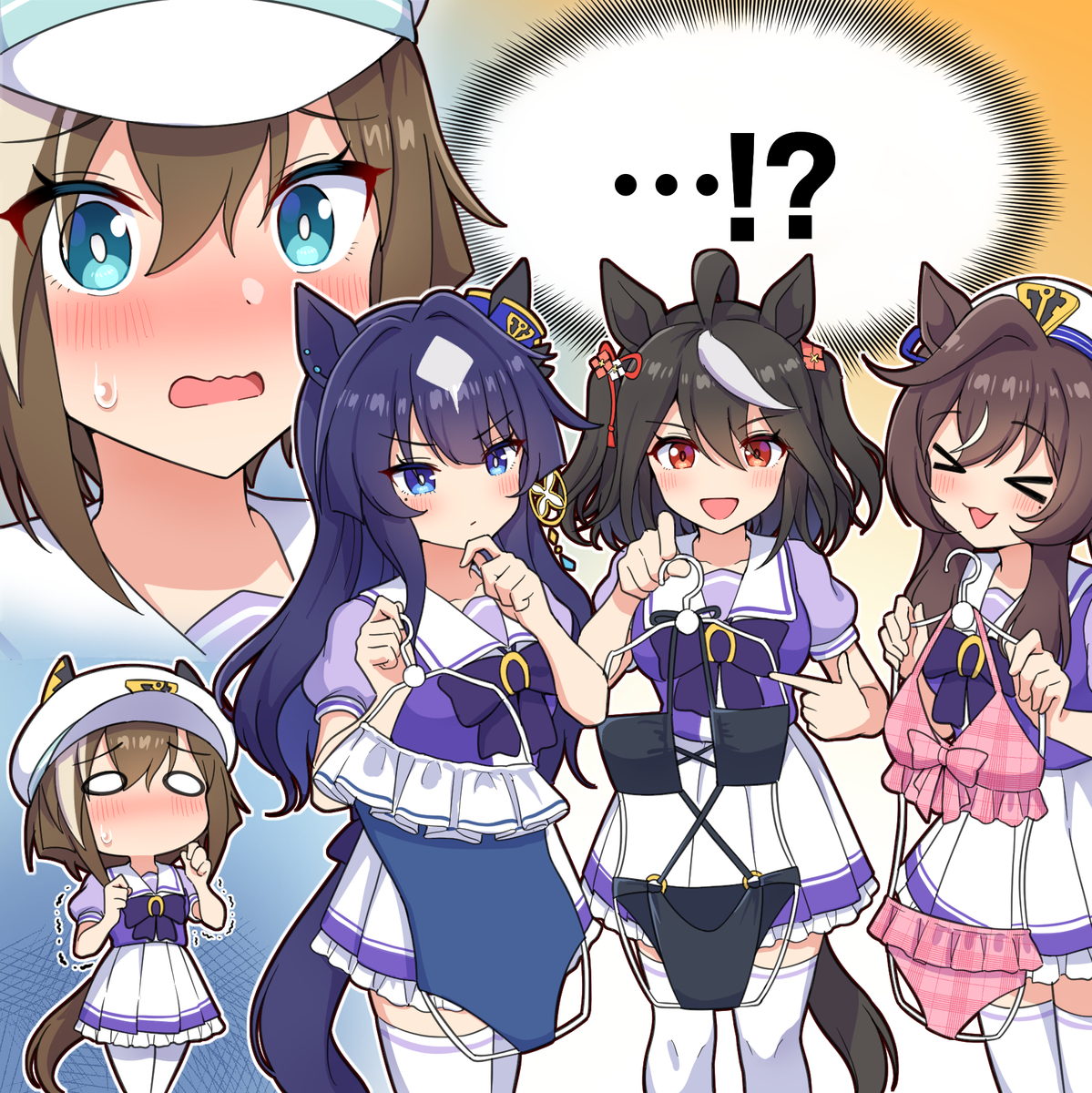 This is a pixiv picture whose title is 水着ぱかライブ情報発表以降、シュヴァちの周りで行われる変な会議.