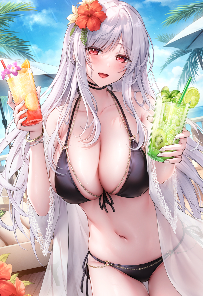 This is a pixiv picture whose title is 銀髪お姉さんとビーチデート🍹🌺.