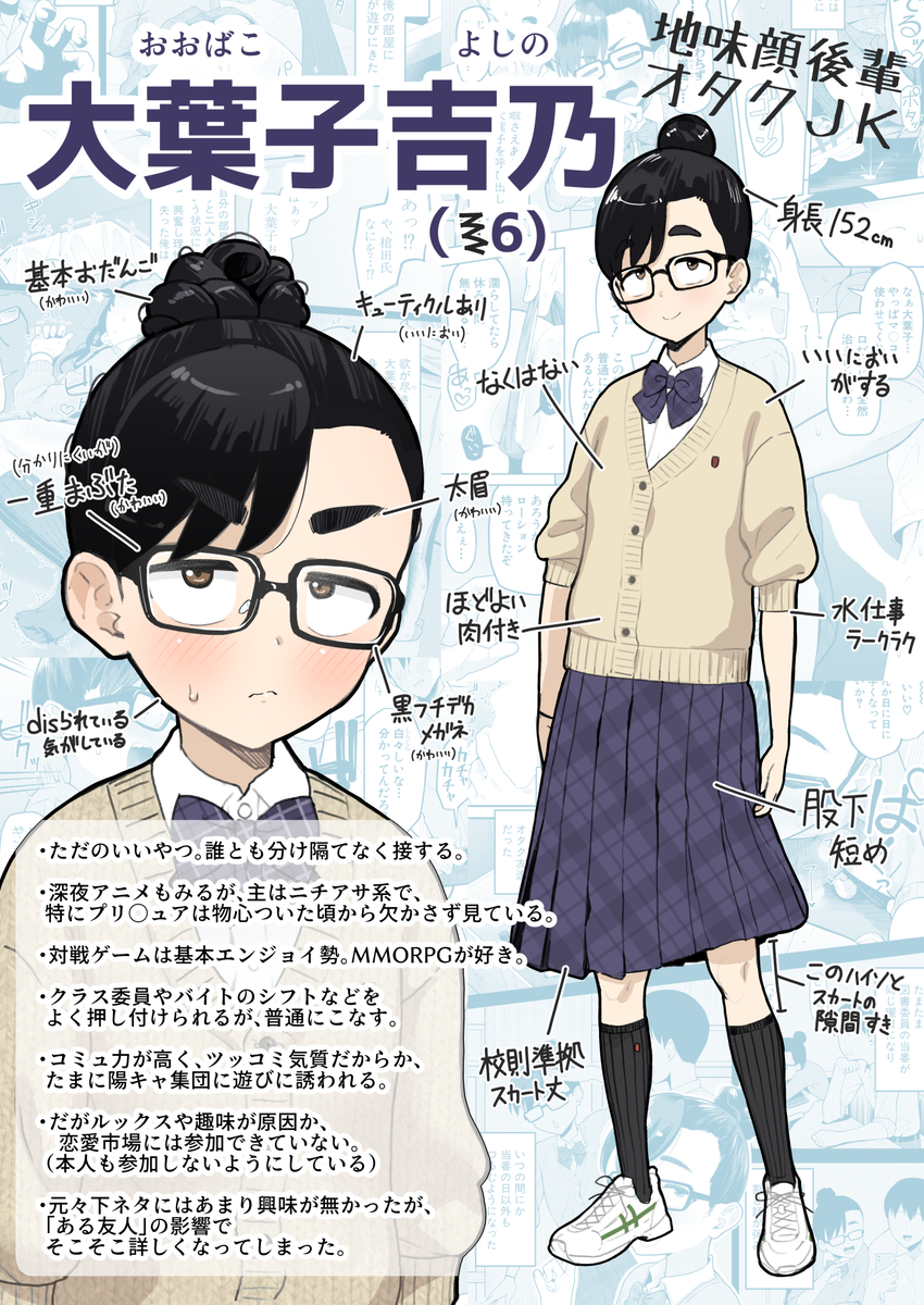 This is a pixiv picture whose title is 貧乳地味顔オタクJKの解説.