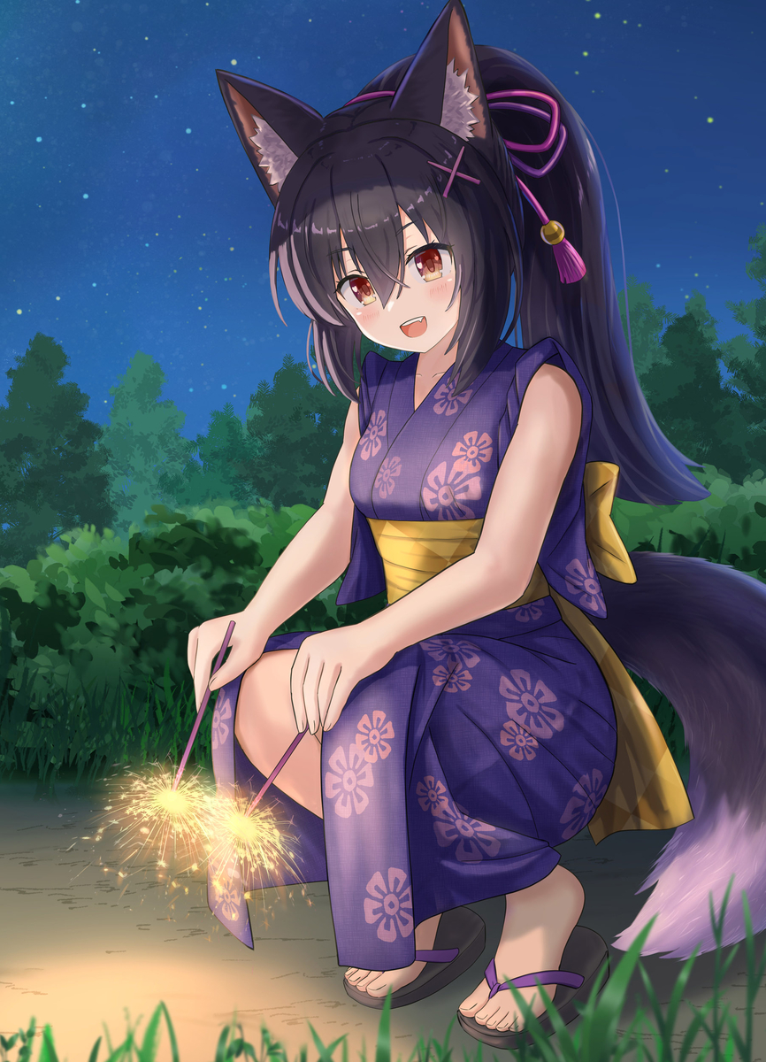 This is a pixiv picture whose title is 花火を愉しんでいる浴衣姿の狼娘.