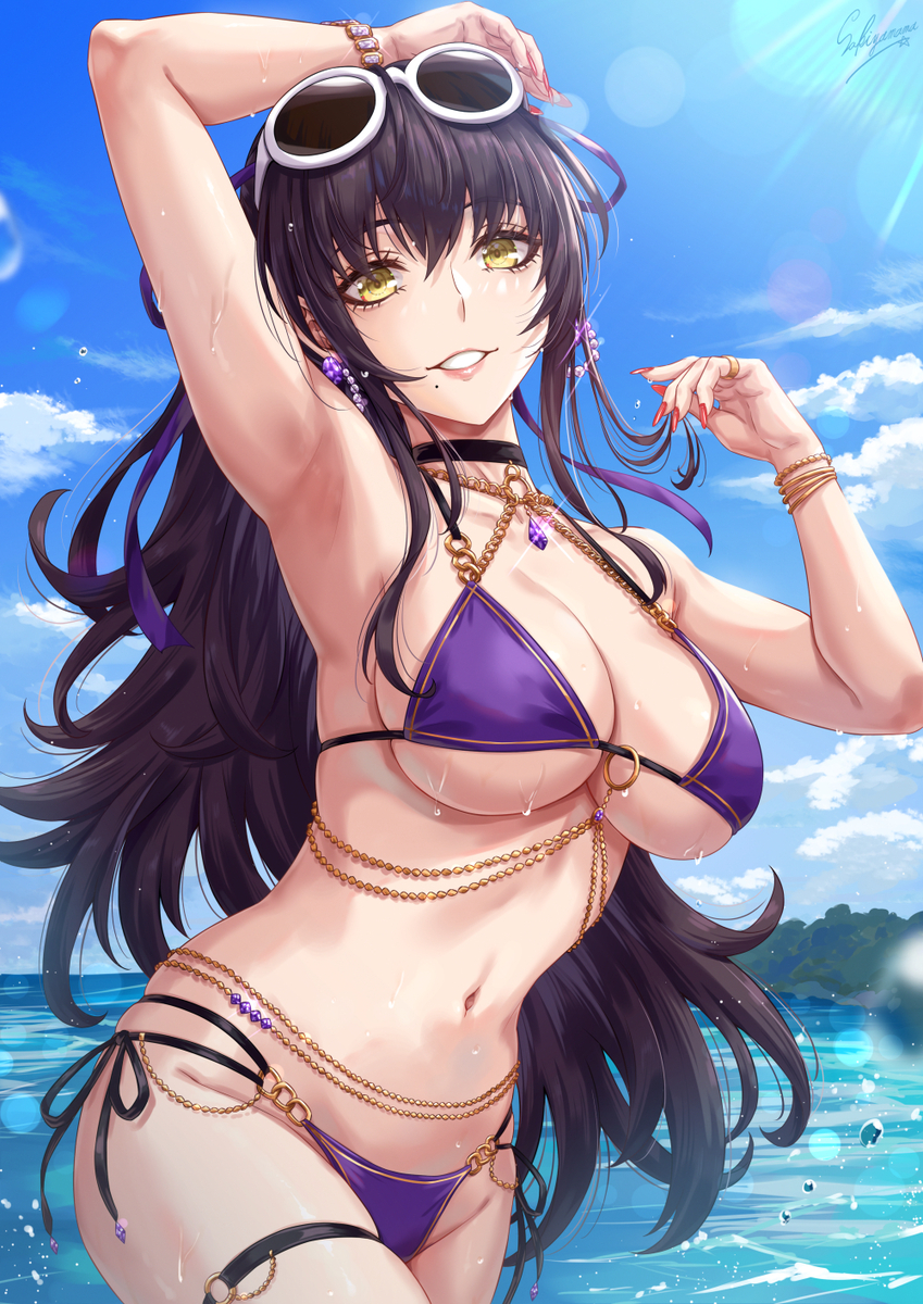 This is a pixiv picture whose title is 水着黒ポニーテールお姉さん👙.